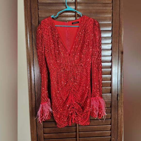 Banjul Dresses & Skirts - Red Sequin Mini Dress with Feather Cuffs